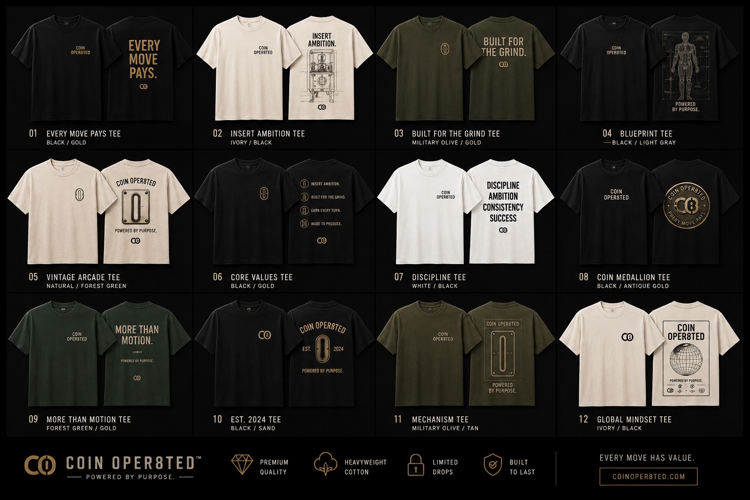 COIN OPER8TED launch sheet showing the first twelve shirt designs