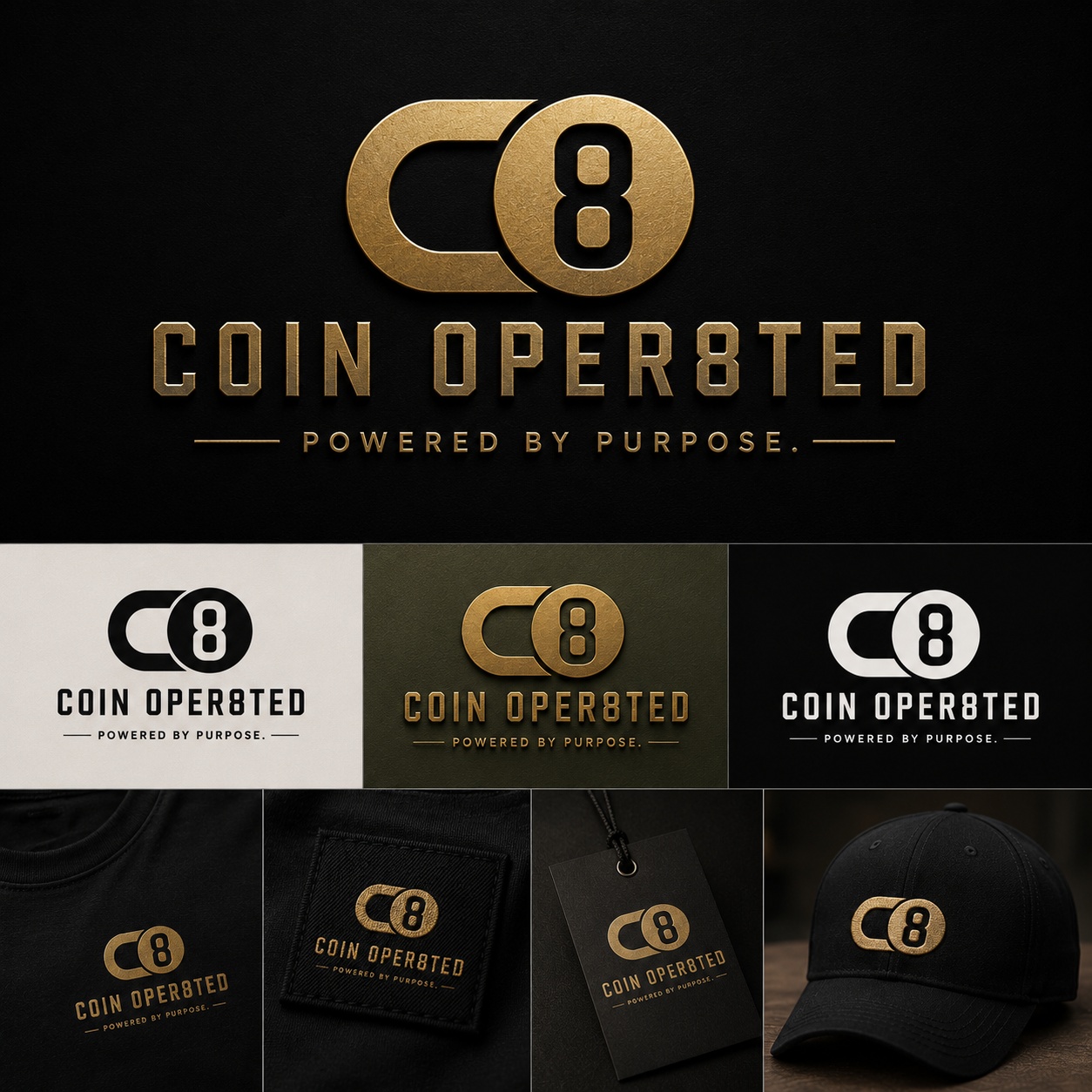 COIN OPER8TED gold logo system and branding applications across apparel and accessories