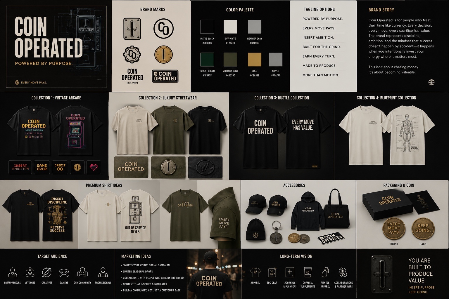 COIN OPER8TED brand board with product concepts, logo system, accessories, and campaign direction